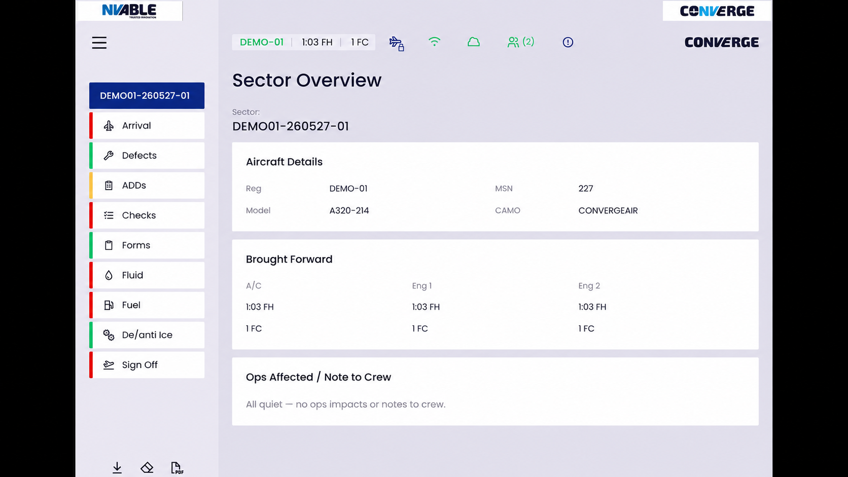 Converge ETLB sector overview with aircraft details and workflow status